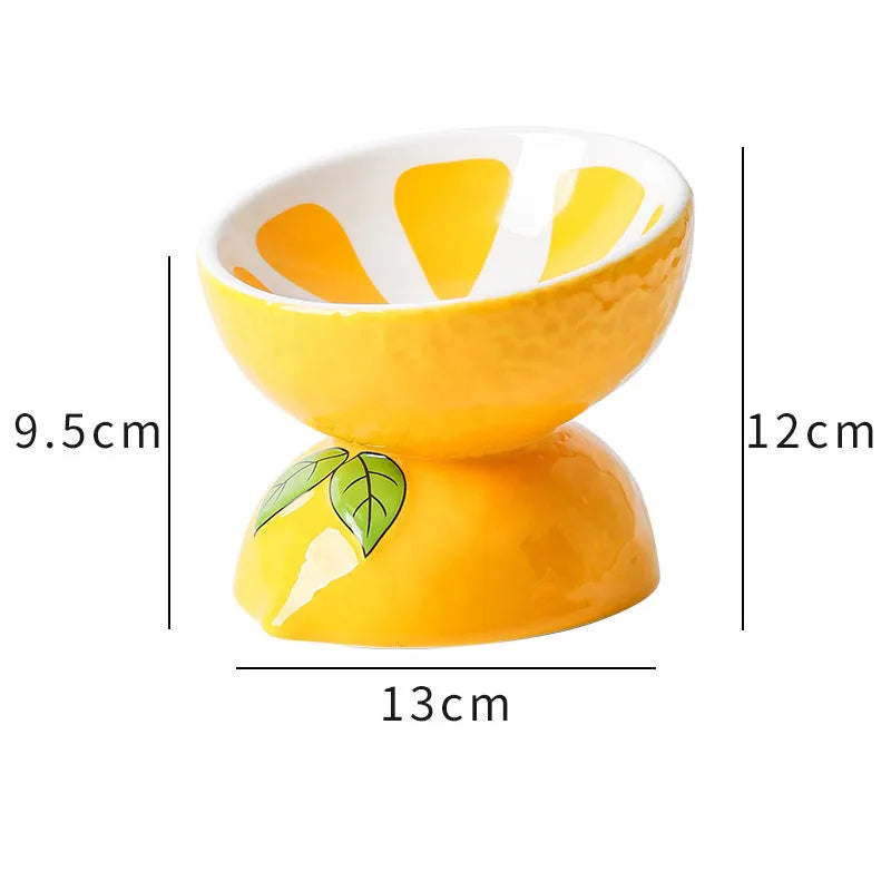 Ceramic raised cat bowl with tilted design in fruit pattern, elevated feeding dish for cats and small dogs