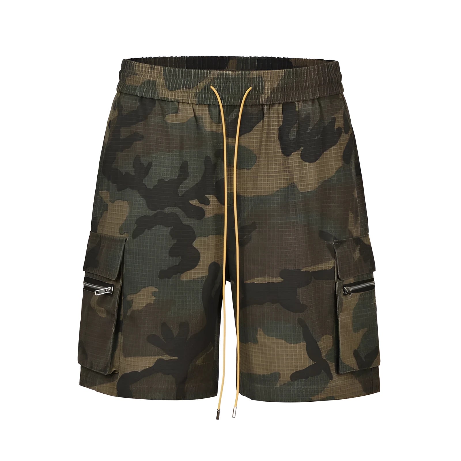 Men's green camouflage cotton work shorts with a loose fit, shown on a mannequin
