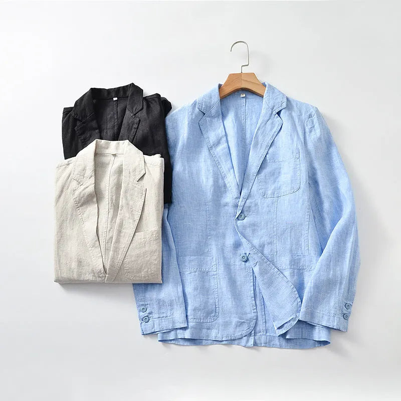 Men's solid colour linen suit jacket on a hanger, showing single-breasted front and size stick pocket detail.