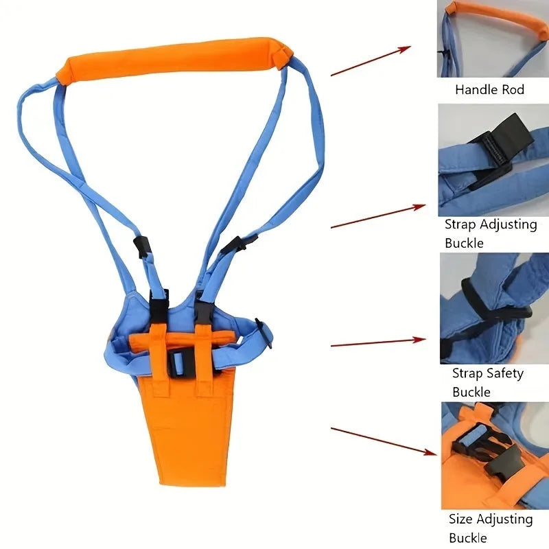 Baby toddler harness walk learning assistant in orange and blue with adjustable 52-62cm strap
