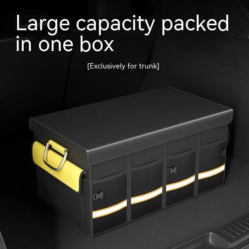 Black and yellow foldable car storage bag with handle in three capacity sizes