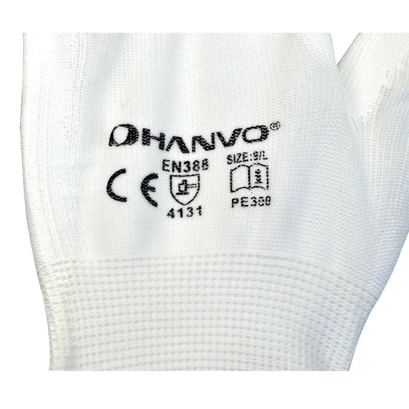 White PU-coated labour gloves with extended 24cm length for forearm protection