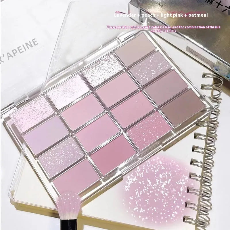 Eyeshadow palette showing 16 colours including shimmer and matte finishes, with shades like life fuzzy and cocoa fuzzy.