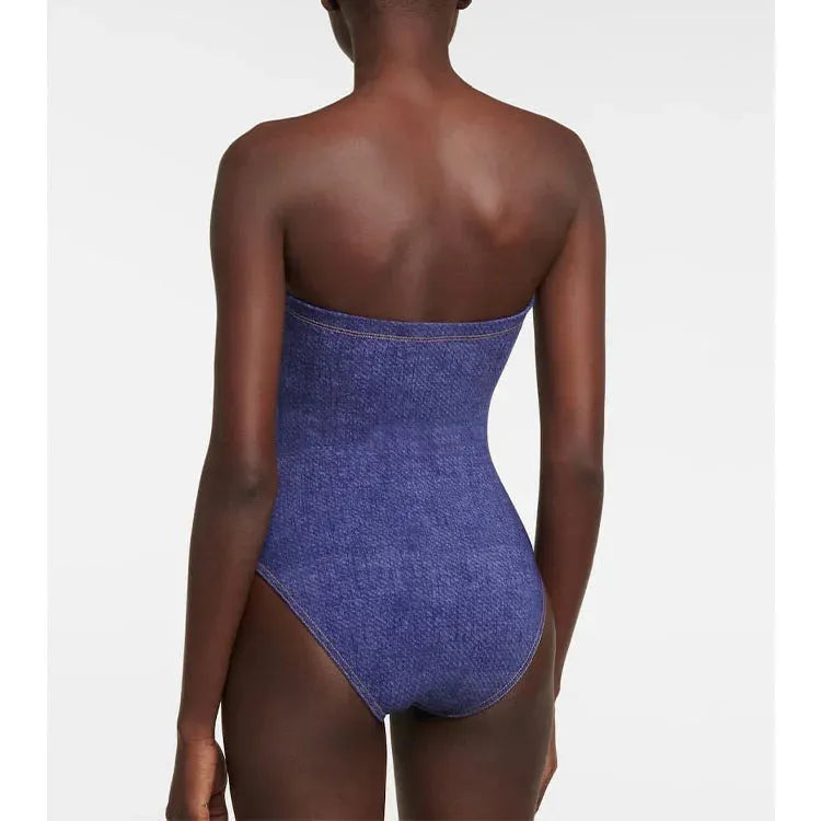 Women's vintage denim colour one-piece swimsuit with matching skirt