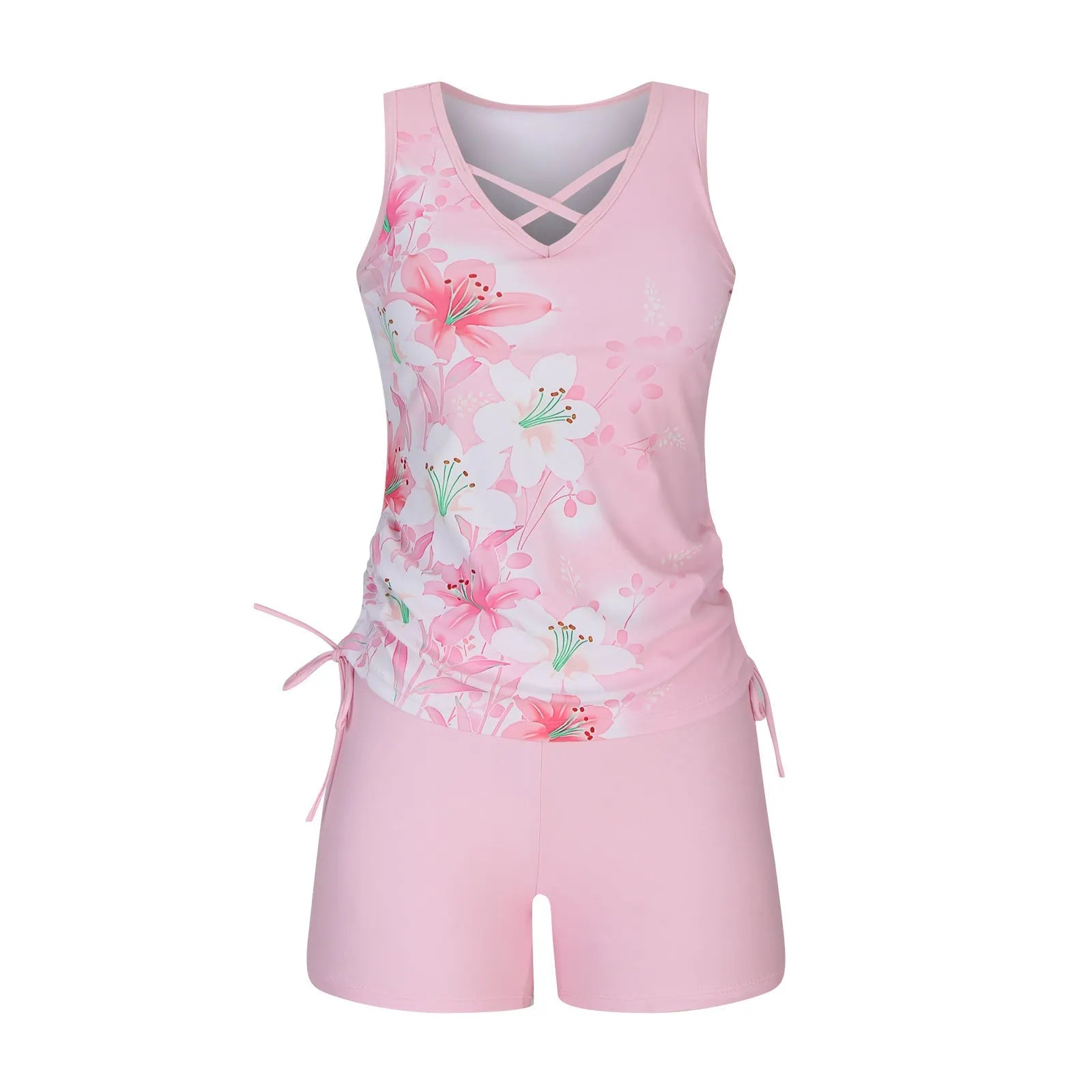 Women's two-piece swimsuit with tie-front top and high-waisted briefs in multiple colour options