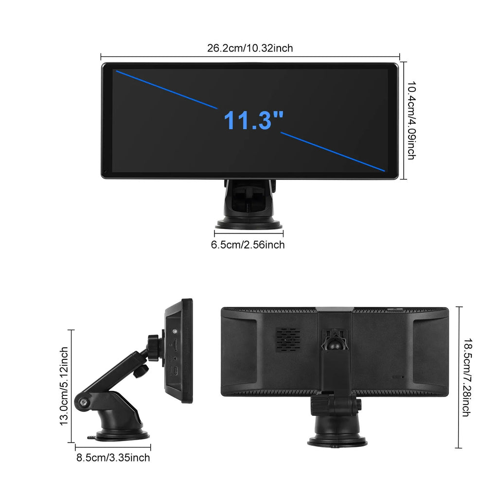 11.3-inch Android car display screen with touch interface shown on a car dashboard