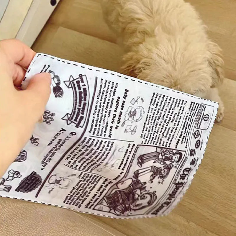 Tear-resistant dog toy with newspaper design and squeaker for interactive pet play