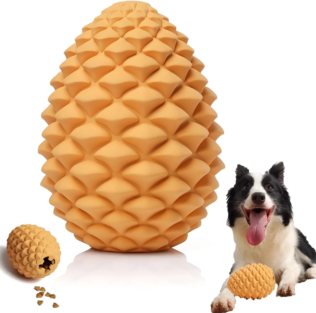Yellow pine cone shaped natural rubber dog toy with treat dispenser for large dogs.