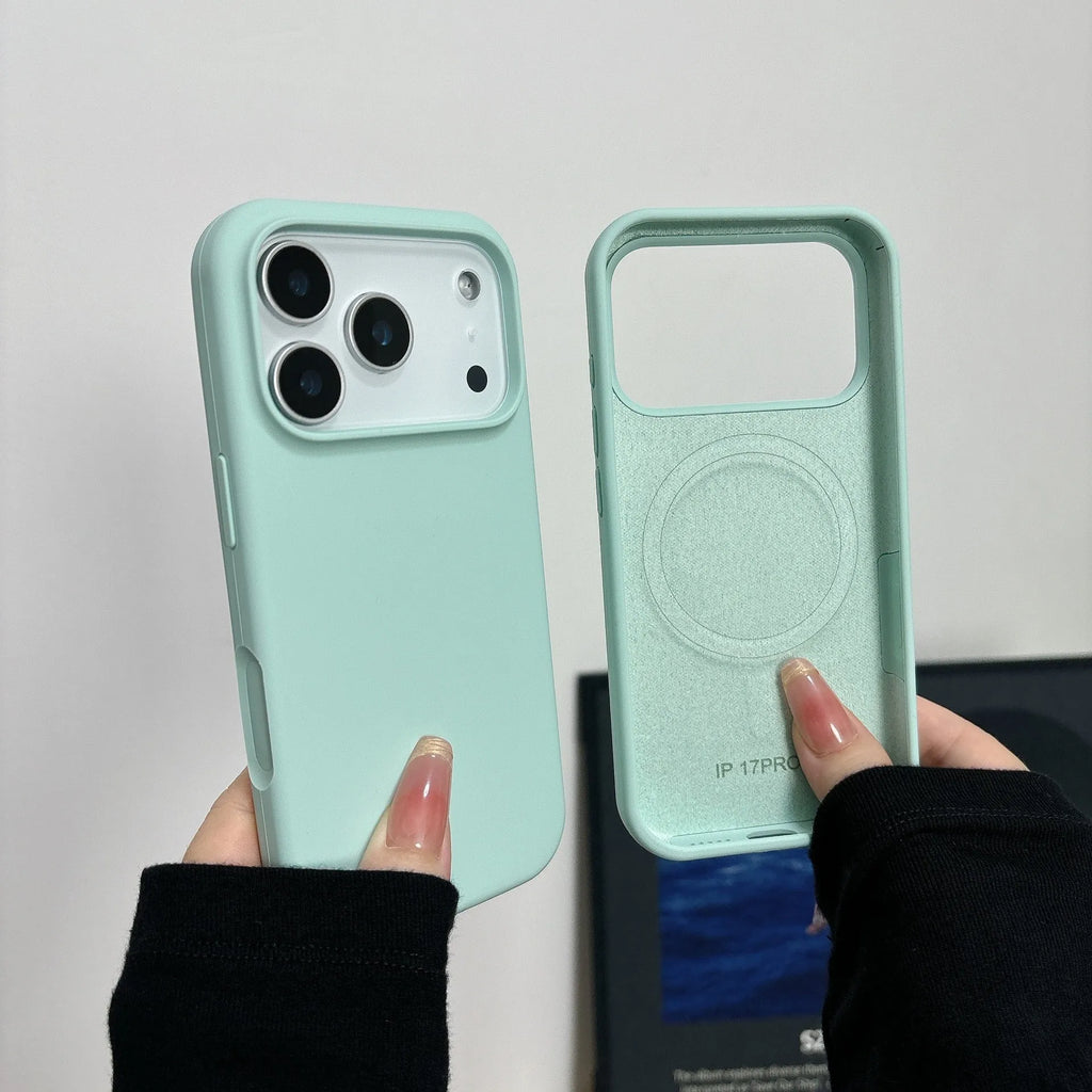 Magnetic liquid silicone iPhone case with Ai button for iPhone 12, 13, 14 models in antique white colour.