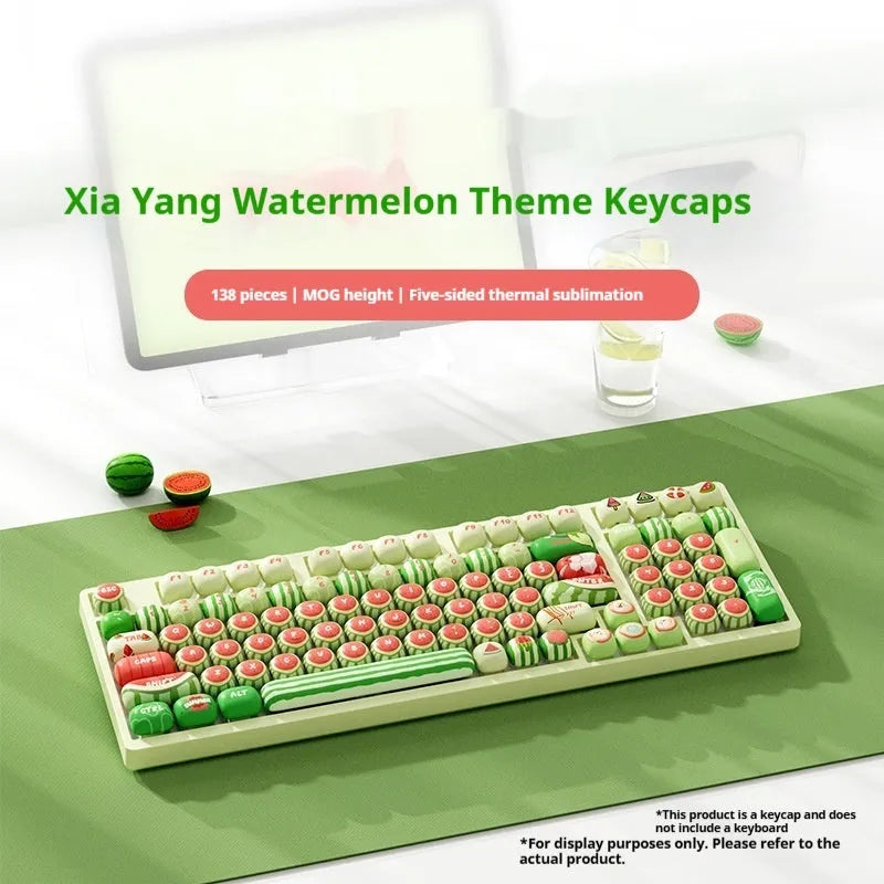 Watermelon-themed mechanical keyboard key cap set with blue accent keys and sublimation printing