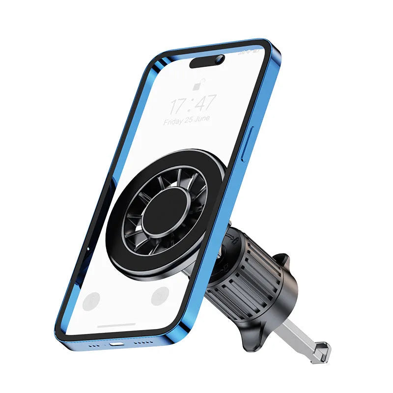 Magnetic car phone holder with suction cup mounted on dashboard air vent showing a smartphone attached