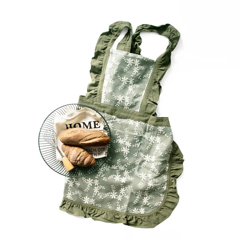 Cotton linen kitchen apron with lace X-strap in solid colour options