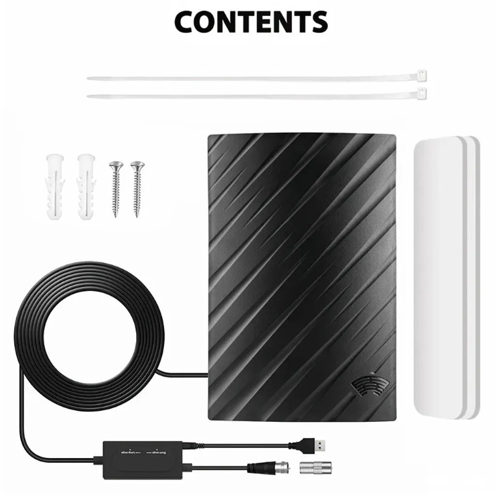 Black plastic digital television antenna with mounting accessories including screws and expansion tubes