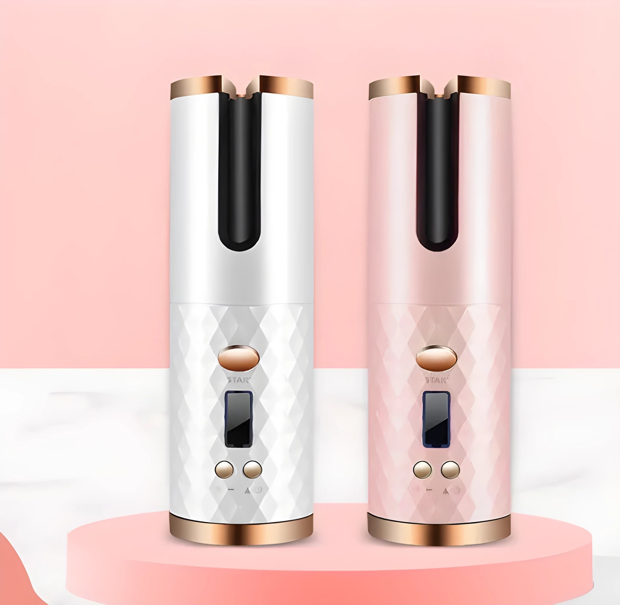 White portable automatic curling iron with USB charging cable and ceramic barrel.