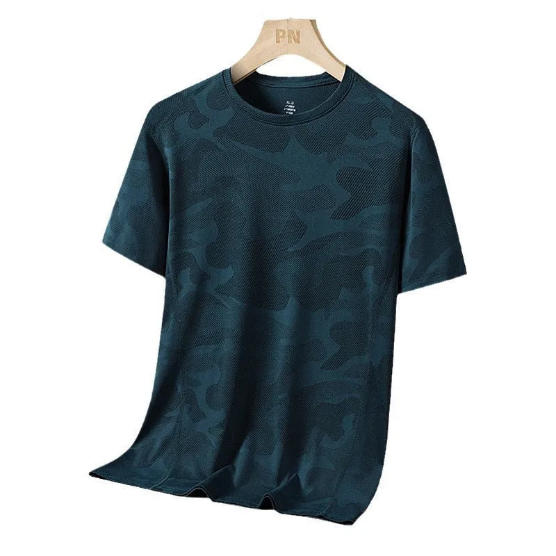 Men's plus size quick-dry nylon T-shirt in camouflage pattern with round neck and short sleeves