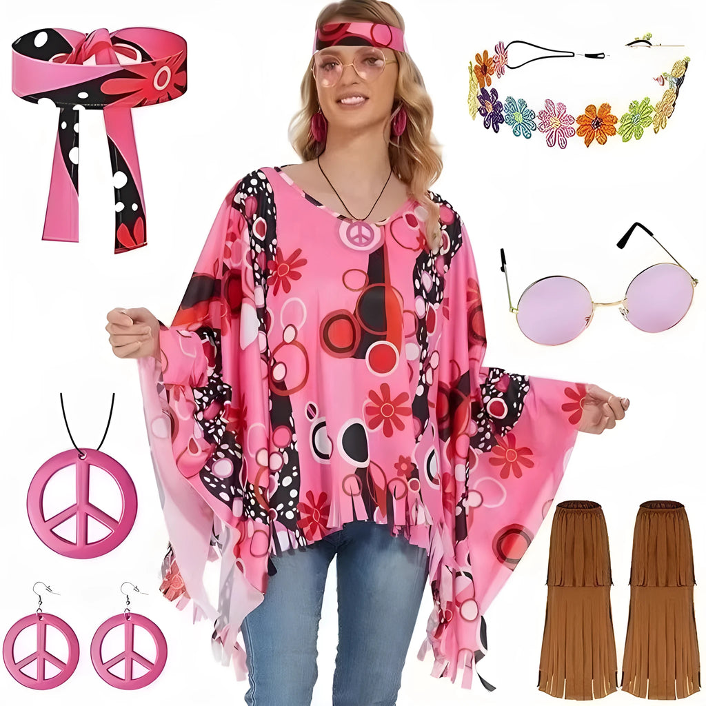 Colourful tie dye printed cloak costume with sleeveless bell sleeves on a mannequin