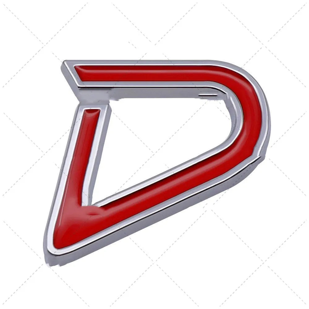 Metal car bumper stickers showing SD, D, and S patterns in red and black or red and silver colour combinations