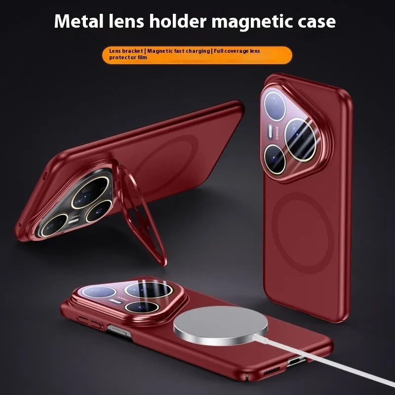 Frosted Huawei P80 series phone case with lens bracket and magnetic features in black, silver and red colours