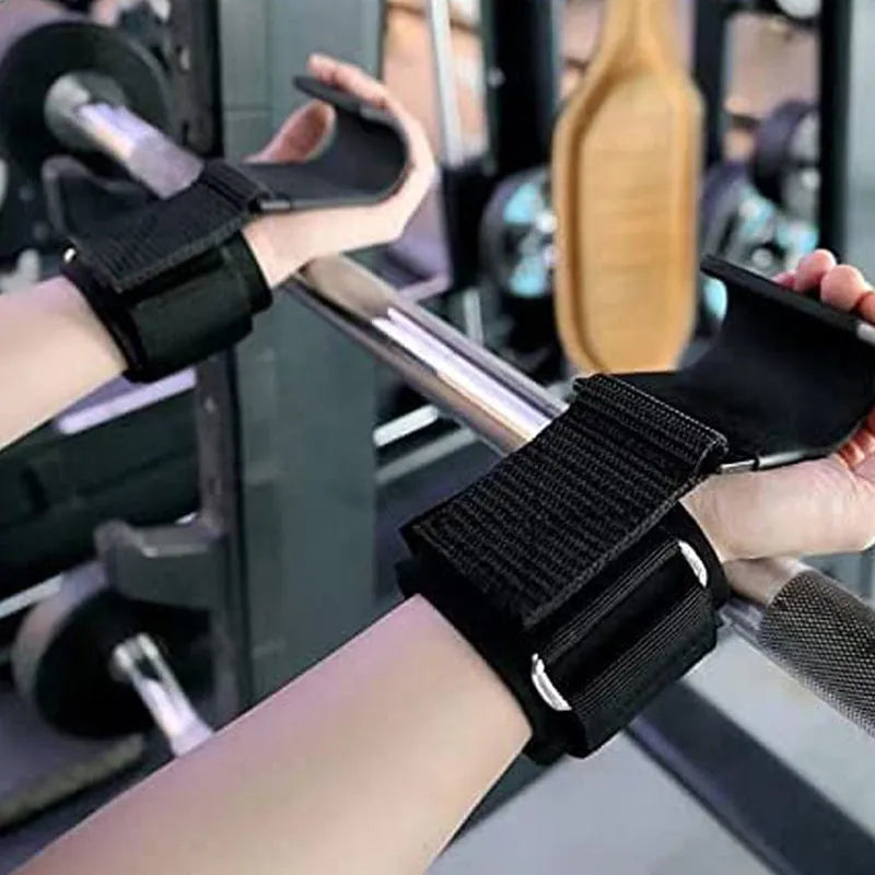 Black fitness wrist brace with hook mechanism for pull-up assistance and horizontal bar training