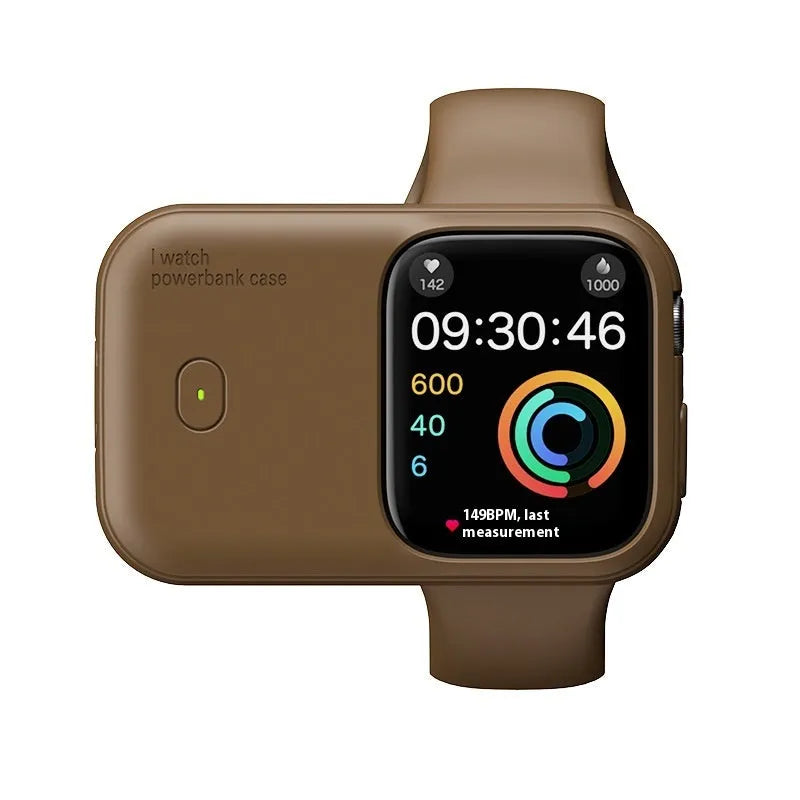Apple Watch portable wireless charging case and silicone cover in brown, midnight blue, or starlight.