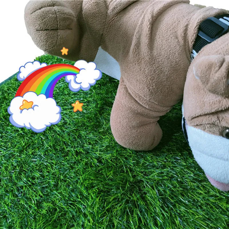 Green washable dog grass pee mat with realistic lawn texture on a patio.