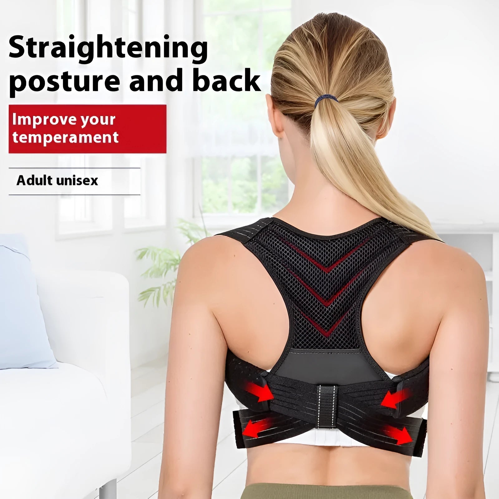 Black anti-humpback posture correction belt for open shoulder and high chest support.