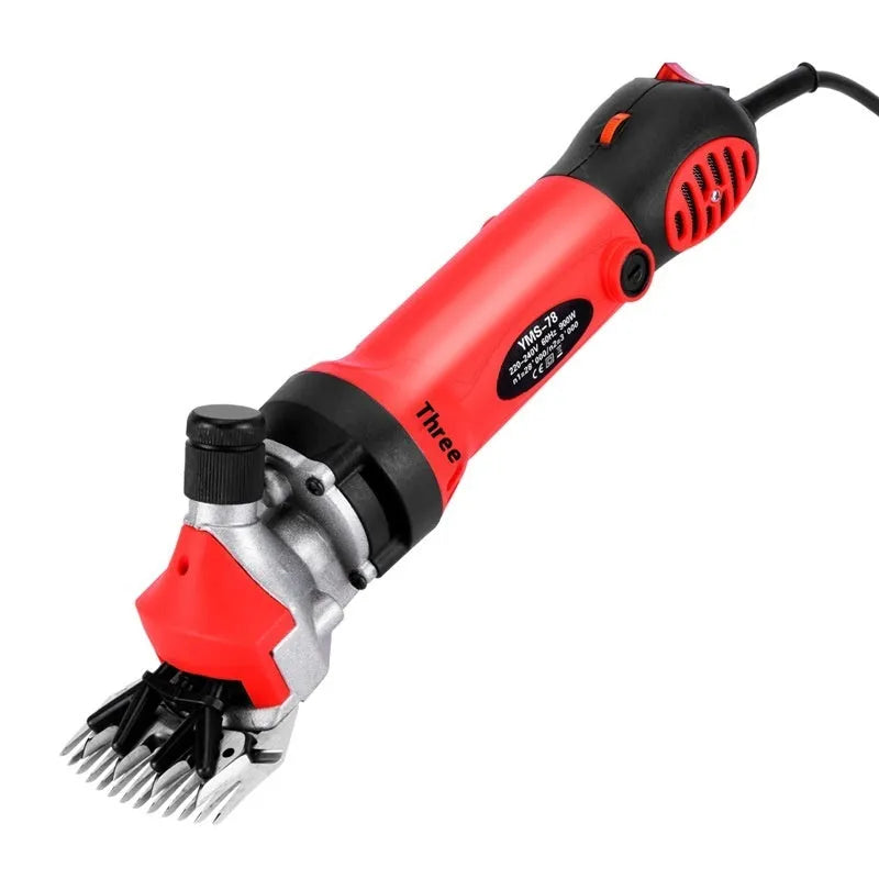 Yellow electric wool shears with 110V plug and multiple steel blades including 13-tooth straight knife