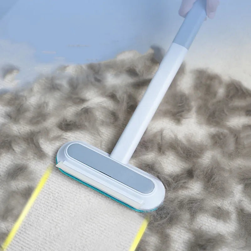 Multifunctional hair removal and window screen cleaning brush with blue flannel head and white plastic handle.