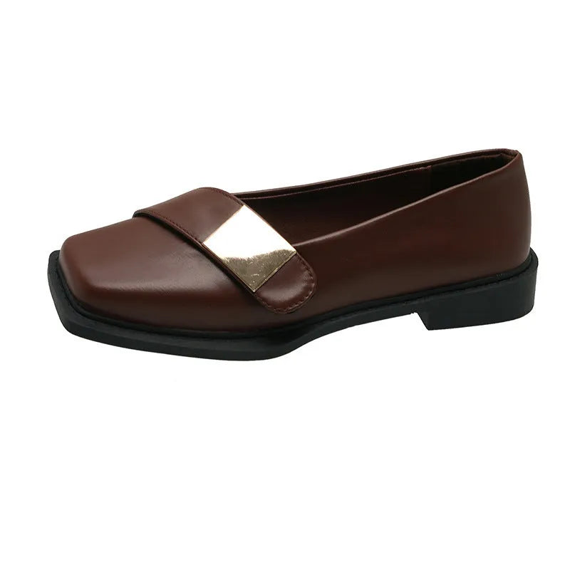 Women's artificial leather flat-heeled shoes with square toe and metal buckle in beige, black, and brown colours
