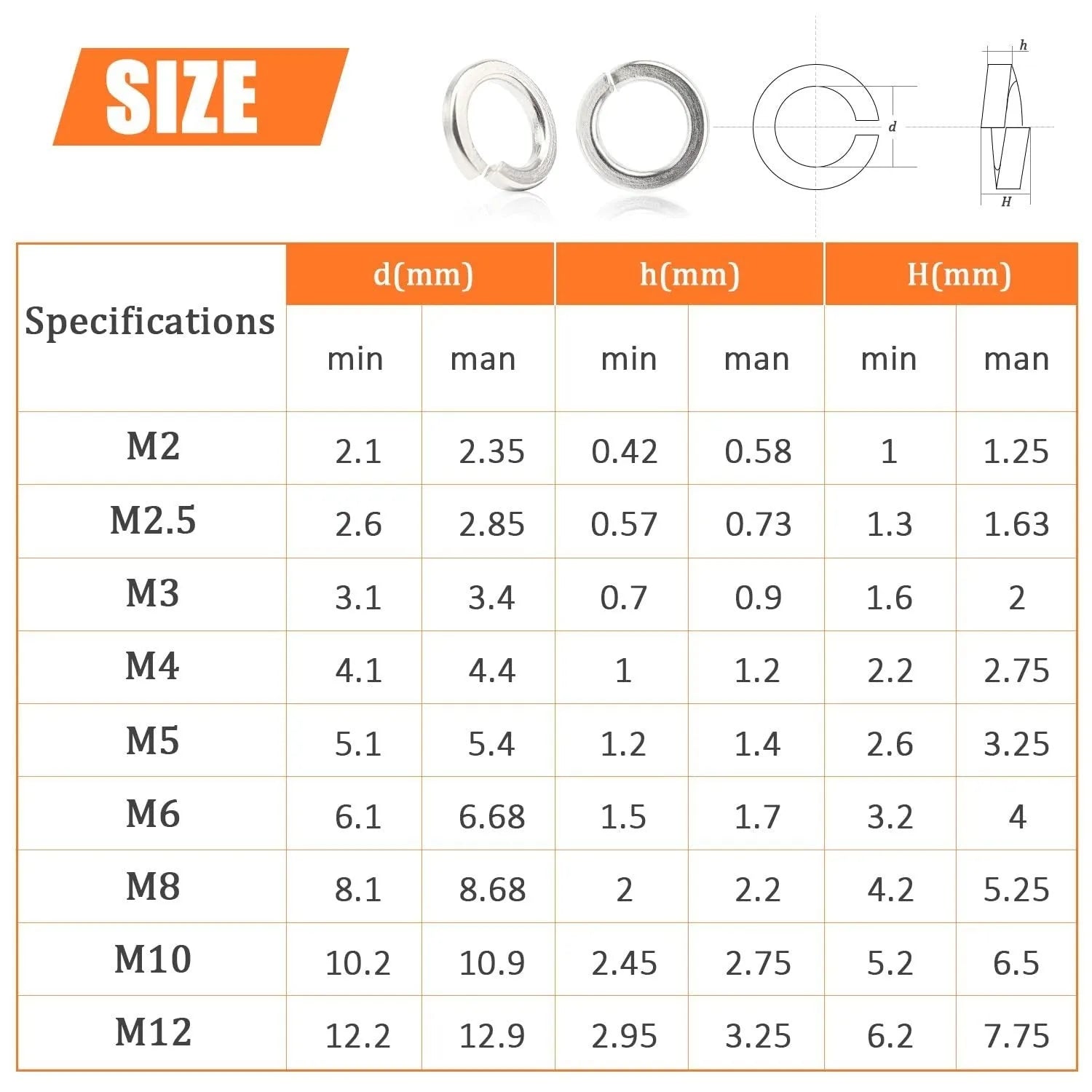 Open box showing assortment of small, silver 304 stainless steel spring and flat washers organised by size.