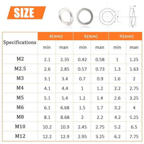 Open box showing assortment of small, silver 304 stainless steel spring and flat washers organised by size.