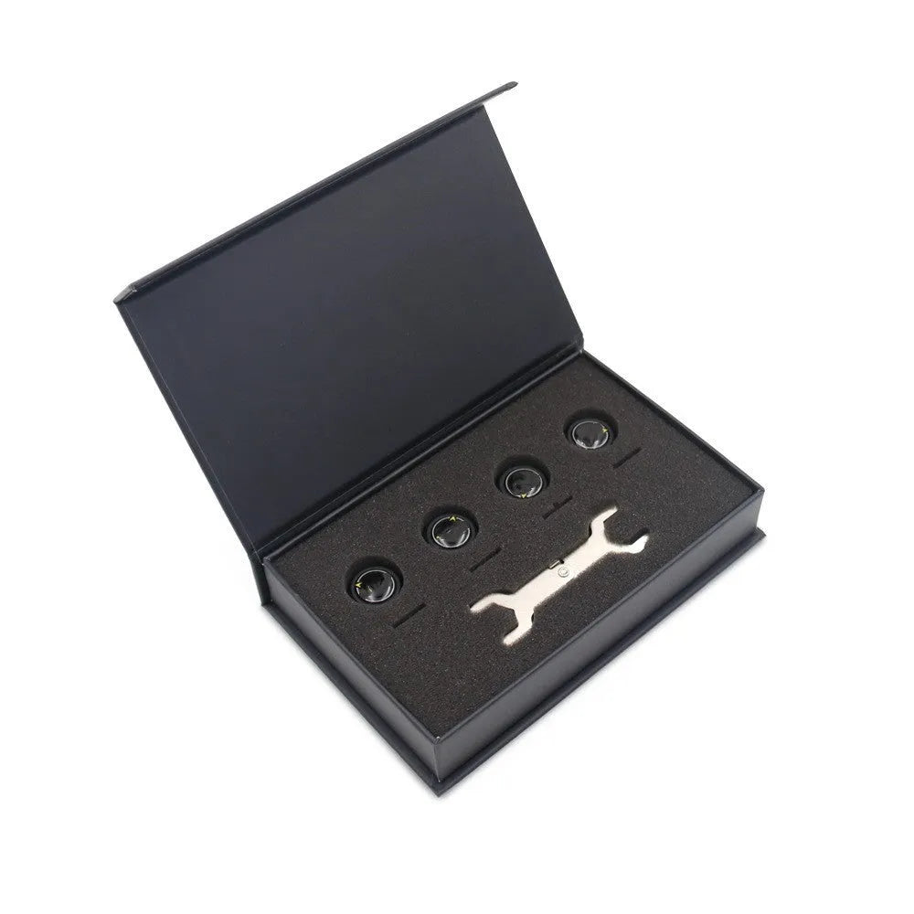 Bluetooth 5.0 car tyre pressure monitoring system with four black external sensors, a wrench, and anti-theft screws.
