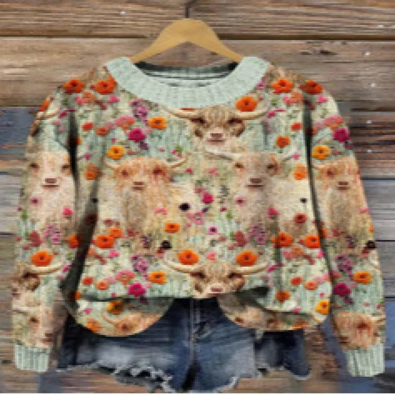 Digital printed floral pattern on a round neck polyester sweater, shown in one of multiple available colours.