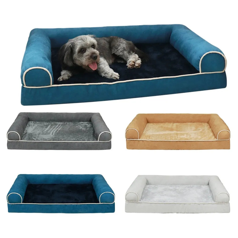 Square sponge dog bed in blue cloth, showing its raised breathable design on a wooden floor.
