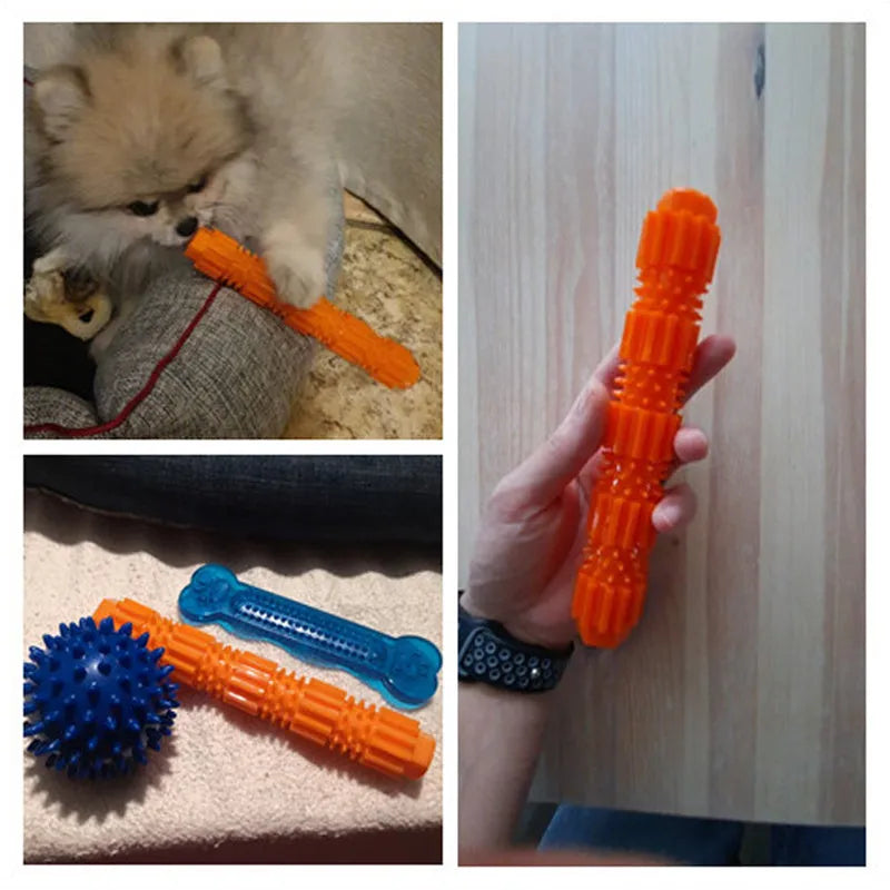 Green and orange rubber dog chew toy with treat dispensing hole and textured surface