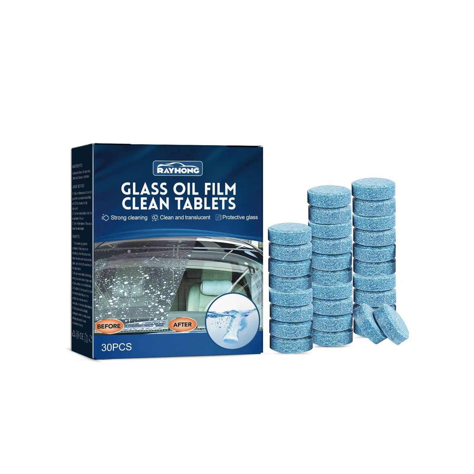 Box of 30 car oil-removing film cleaning effervescent tablets with concentrated cleaning formula