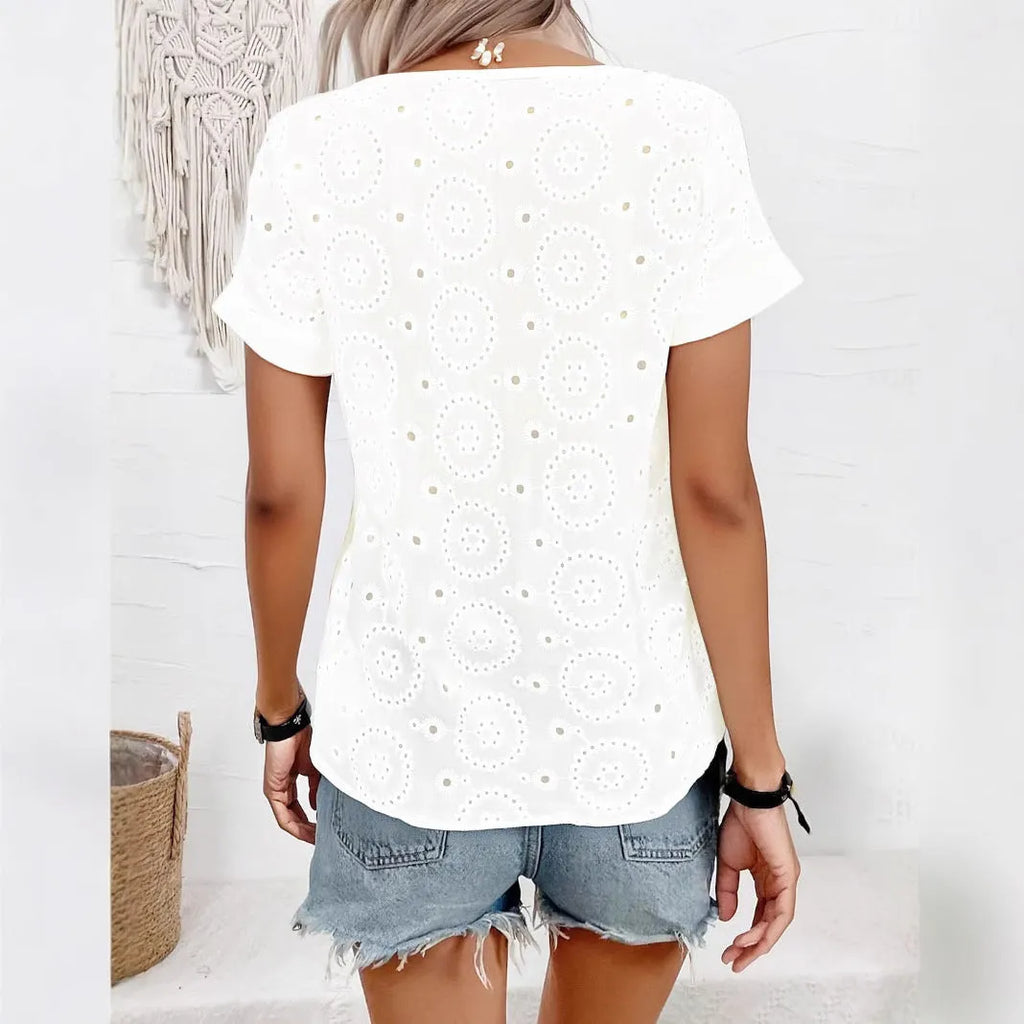 White women's V-neck T-shirt with hollow-out detail and short sleeves in a loose fit