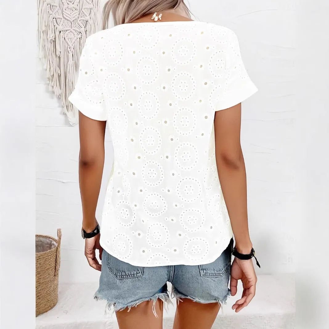 White women's V-neck T-shirt with hollow-out detail and short sleeves in a loose fit