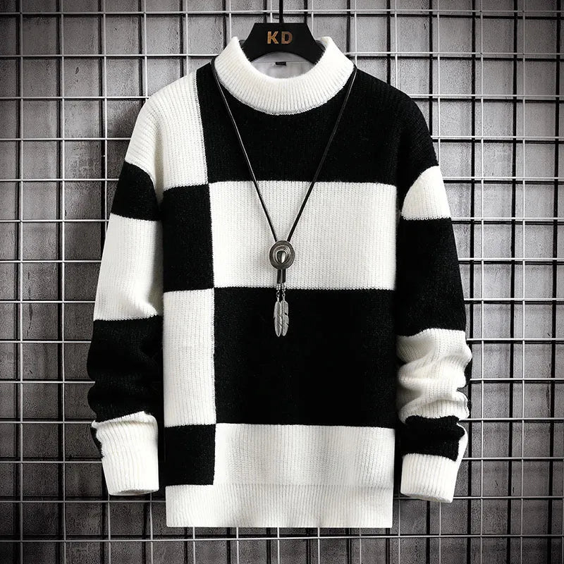 Men's casual cardigan in colour block black with white collar, loose fit, thickened modal polyester fabric