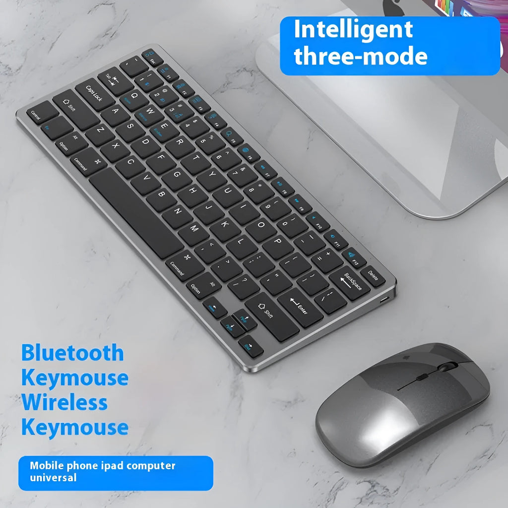 Rechargeable black ultra-thin wireless keyboard and mouse set with USB receiver and protective cover on a desk.