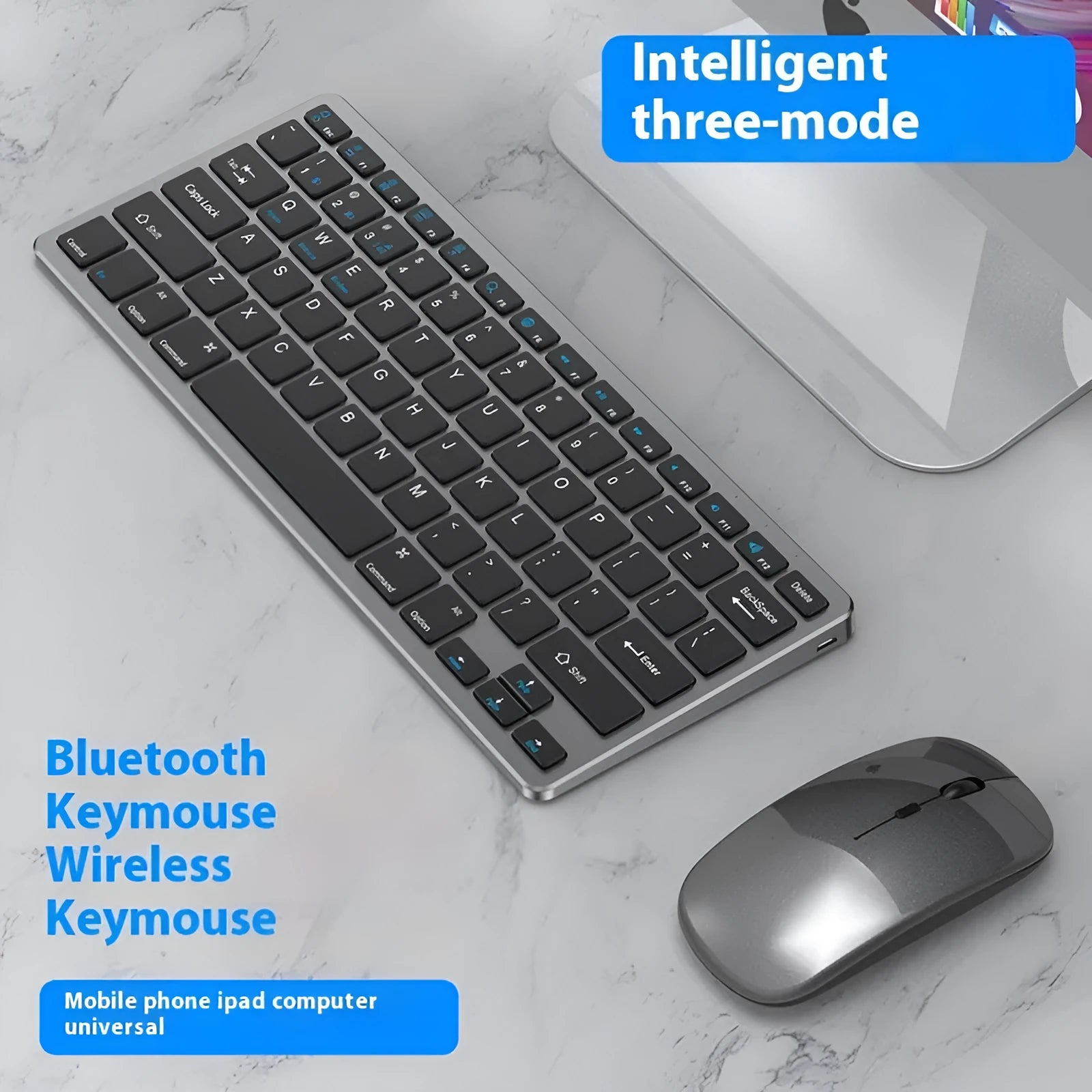 Rechargeable black ultra-thin wireless keyboard and mouse set with USB receiver and protective cover on a desk.