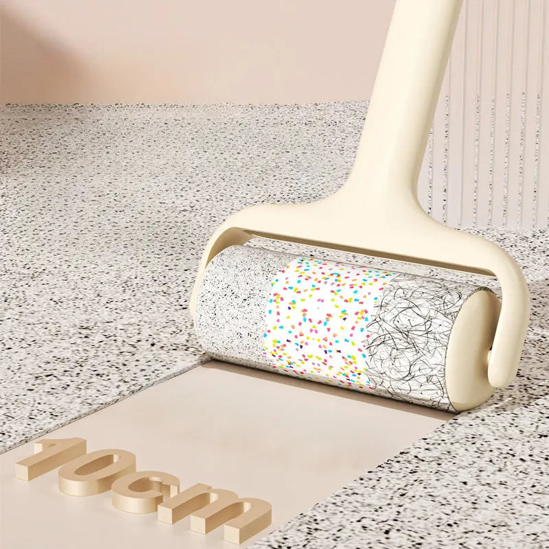 Sticky hair roller brush with high viscosity adhesive and four coloured replacement cores.