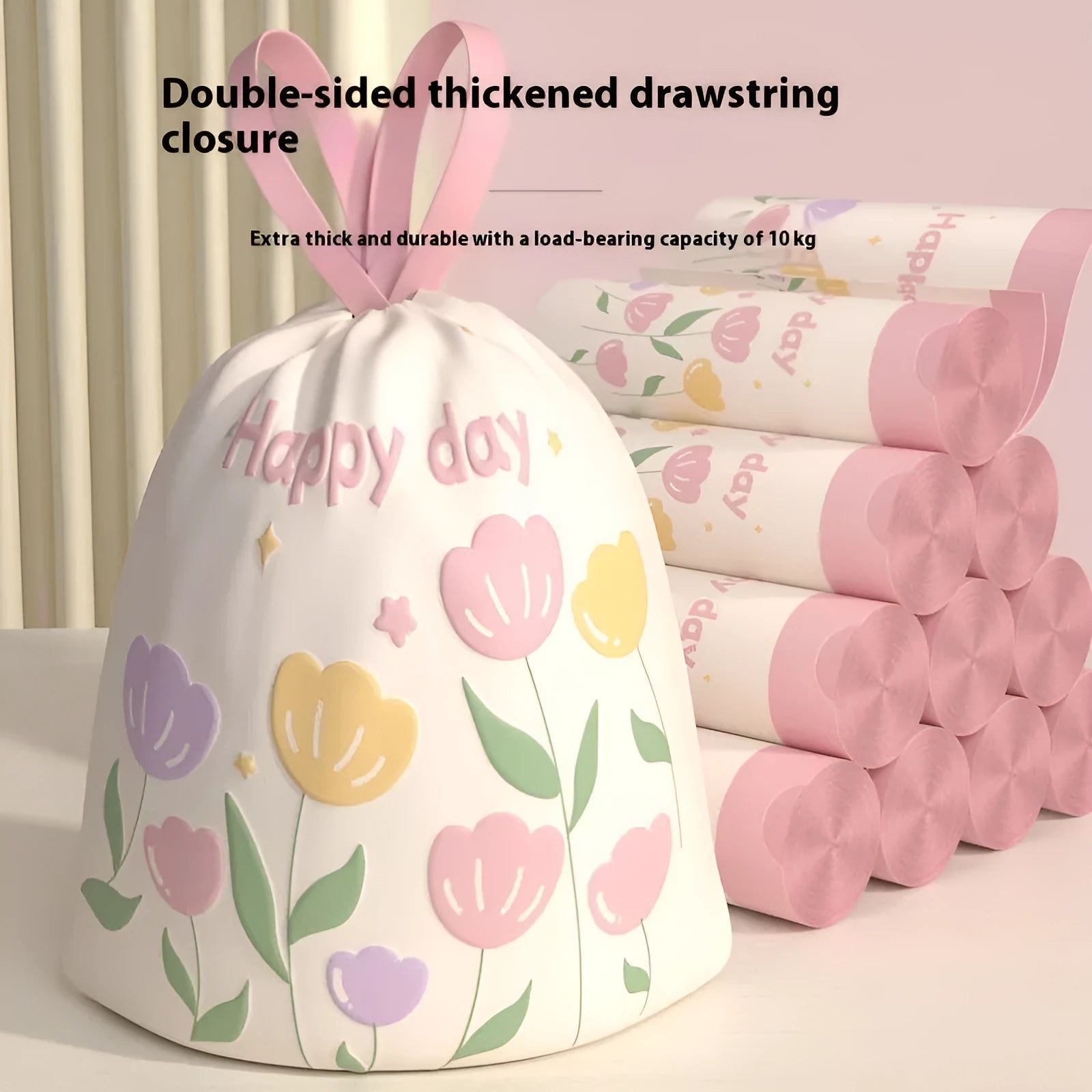 Pink drawstring garbage bags with argy wormwood mosquito repellent, size 44 cm by 48 cm.