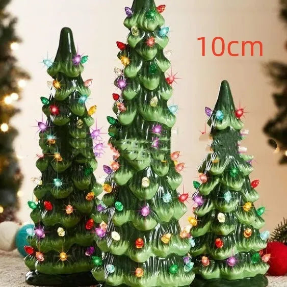 European style resin Christmas tree ornament with LED lights in coloured or warm white, shown in 20cm, 25cm, and 30cm sizes.