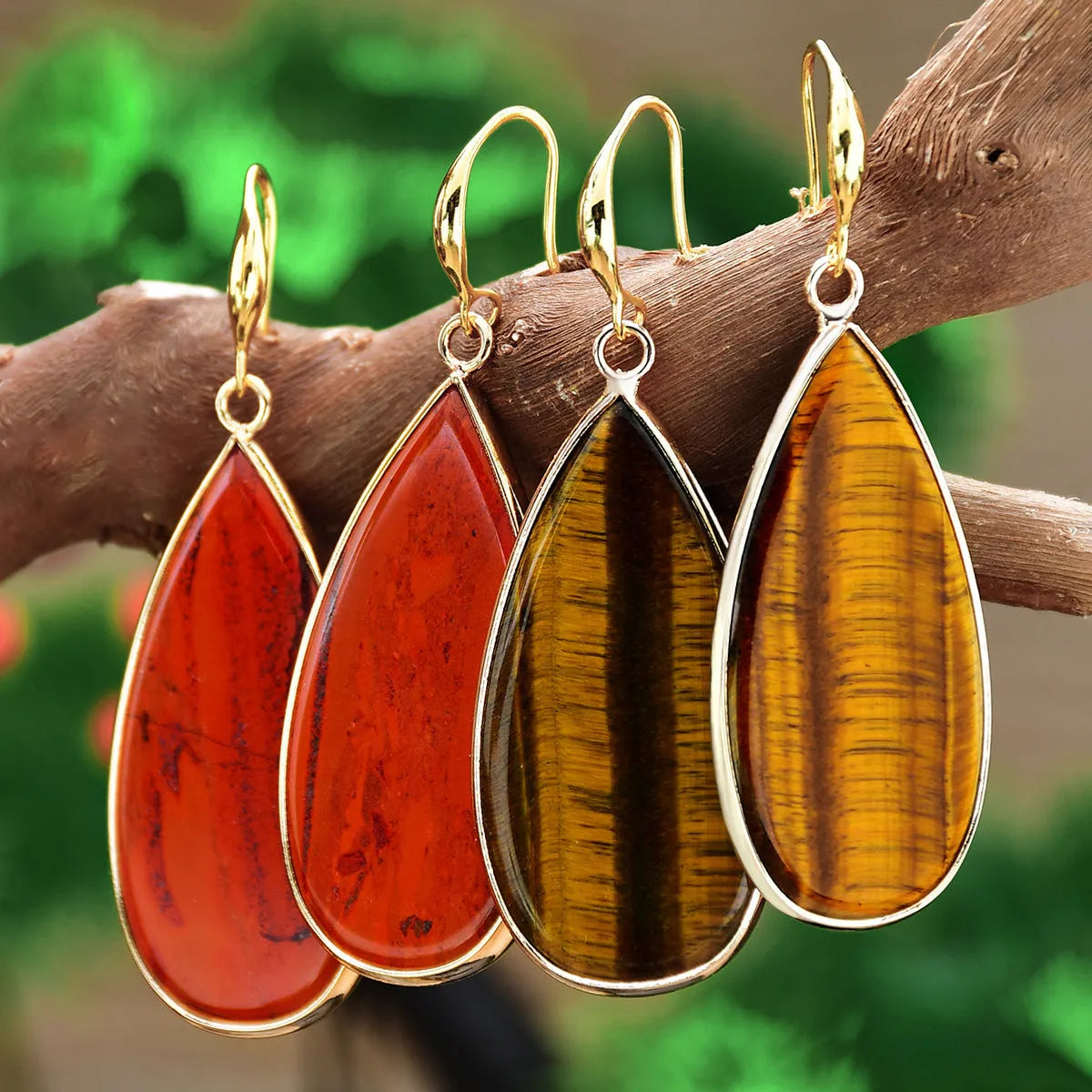 Vintage long water drop earrings with handmade stone construction in tigereye colour