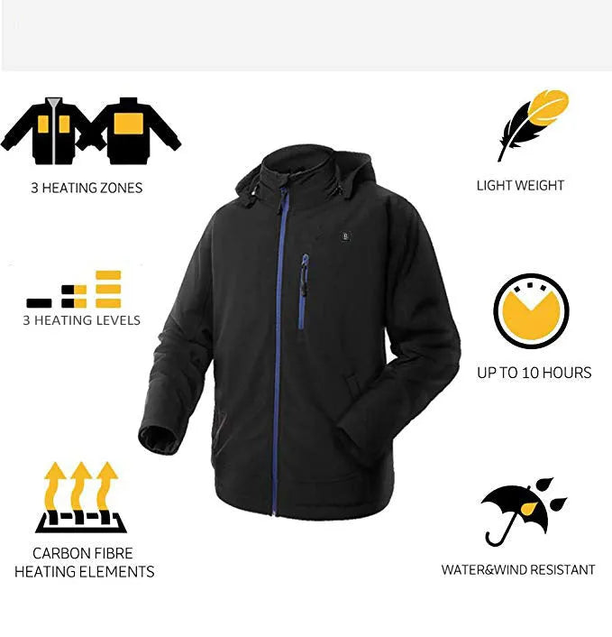 Black men's long sleeve waterproof winter coat with USB heating port and zipper pockets.