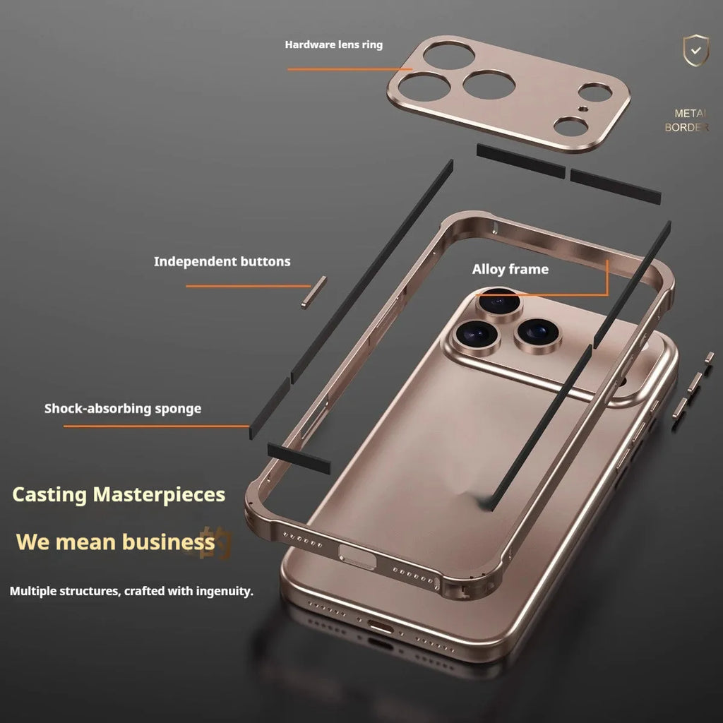 iPhone 17 series mobile phone case with a silver metal alloy frame and frosted finish, showing border-style design.