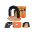 White plastic arched cat grooming toy with integrated brush bristles for scratching and rubbing.