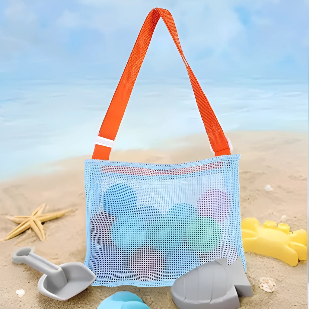 Blue nylon mesh travel storage organiser bag for children's toys and clothing, sealed, measuring 20x25x8cm.