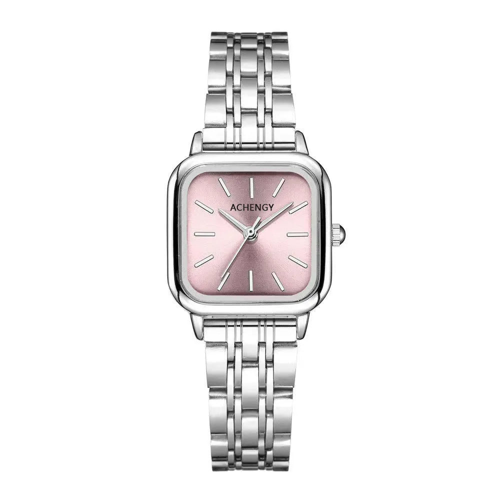 Women's retro quartz watch with slim 8mm case and bamboo band in blue, showing simple dial